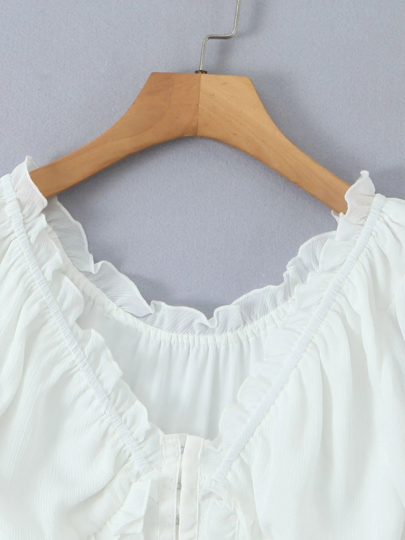FlairBelle Frill V-Neck Mesh Puff Sleeve Blouse