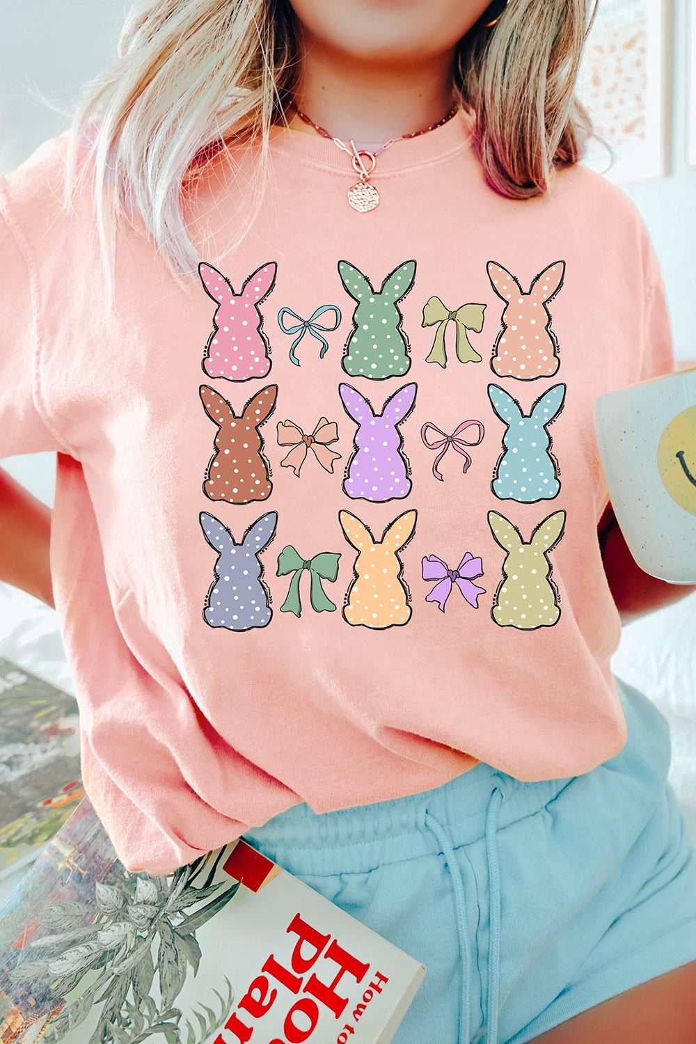 Dotty Bunny Bow Graphic T-Shirt - Cute Easter Tee for Women Watermelon Pink