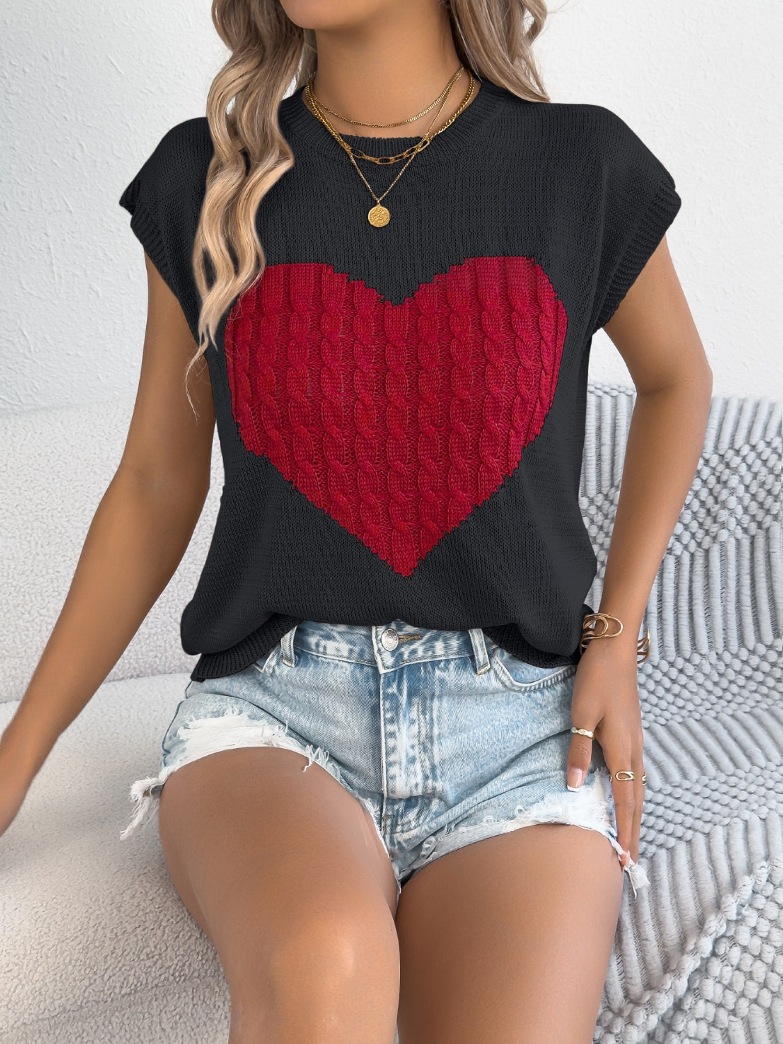 Cable Knit Heart Cap Sleeve Top - Soft & Stylish Black