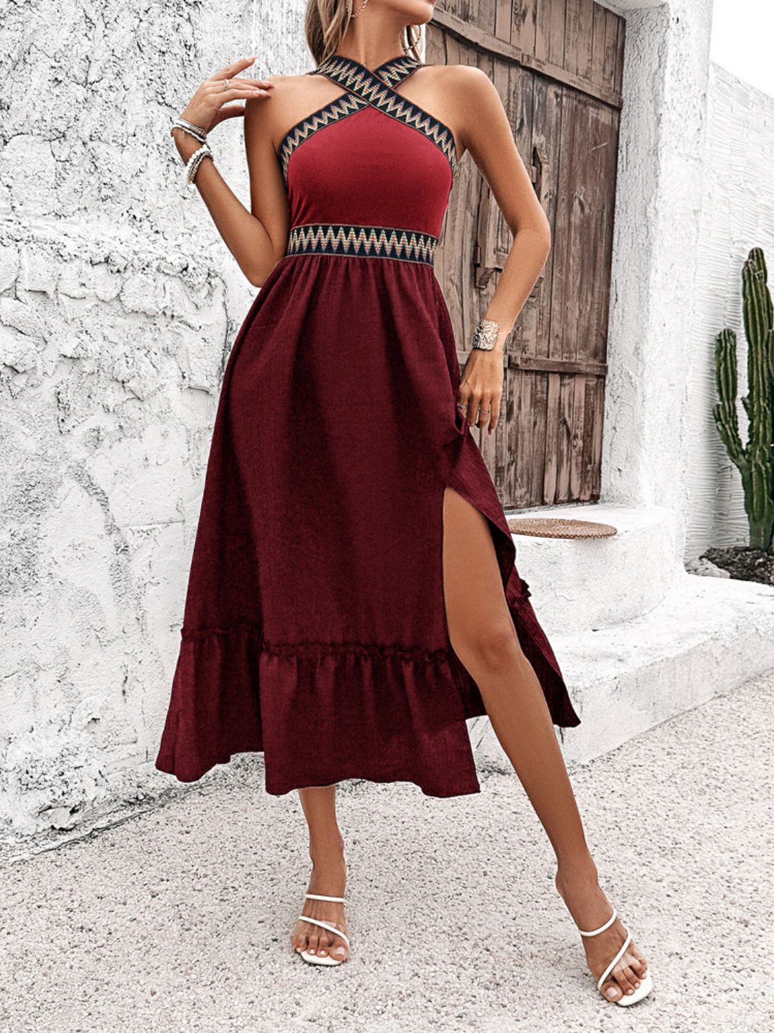 Devine Ruffled Slit Sleeveless Midi Dress - Elegant & Chic