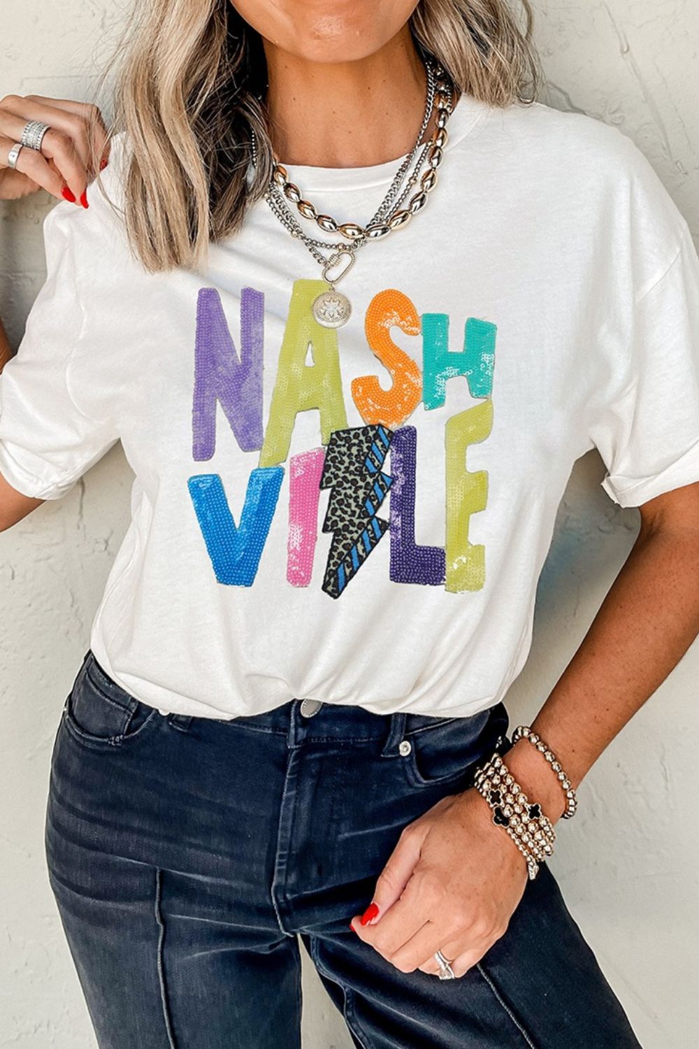 Lightning NASHVILLE Sequin Round Neck T-Shirt