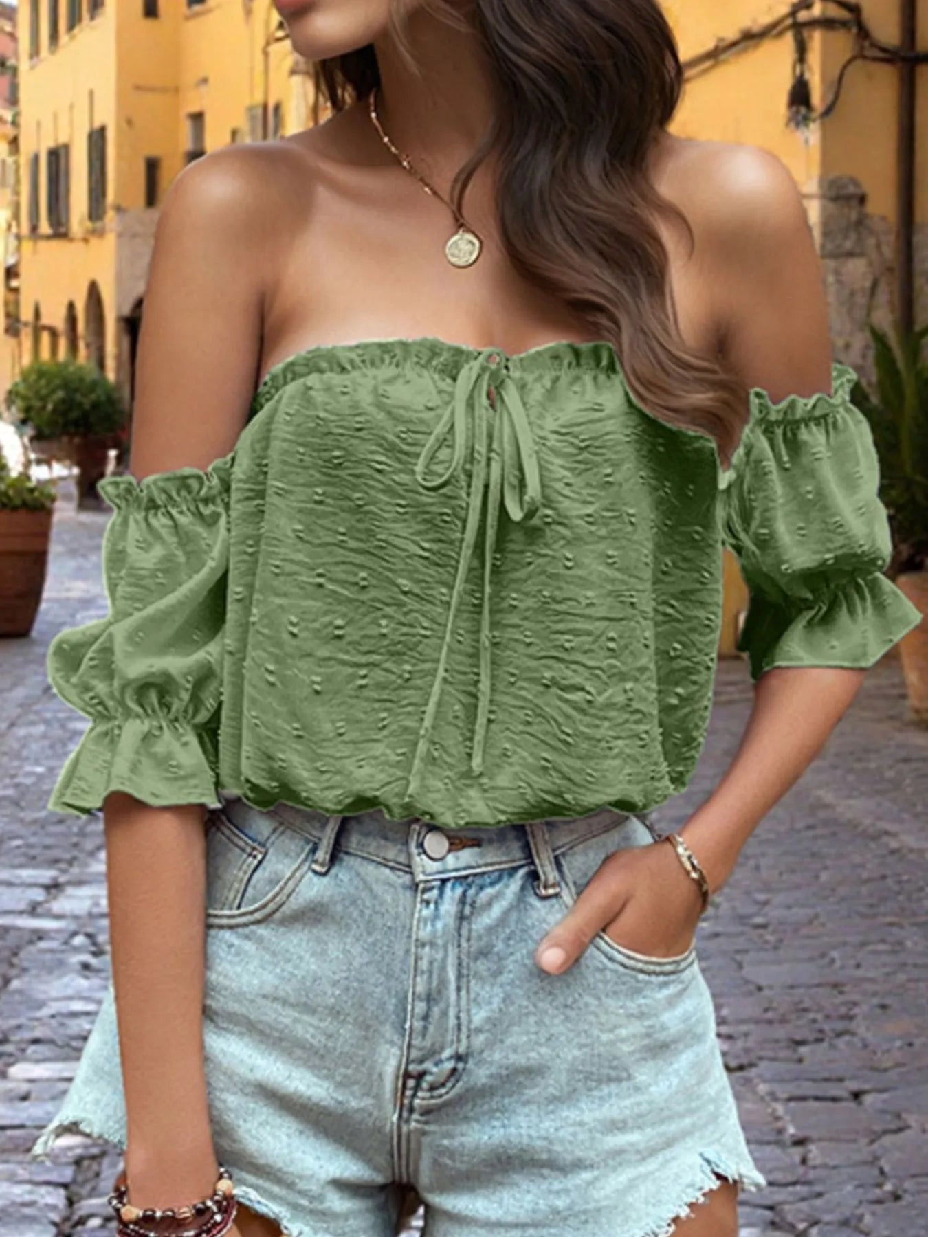 Chic Off-Shoulder Swiss Dot Ruffle Blouse with Tie Front – Elegant and Feminine Style