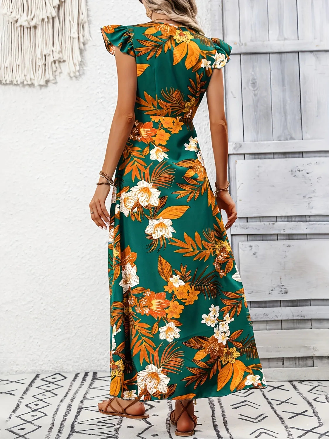 Printed High-Low Maxi Dress with Cap Sleeves
