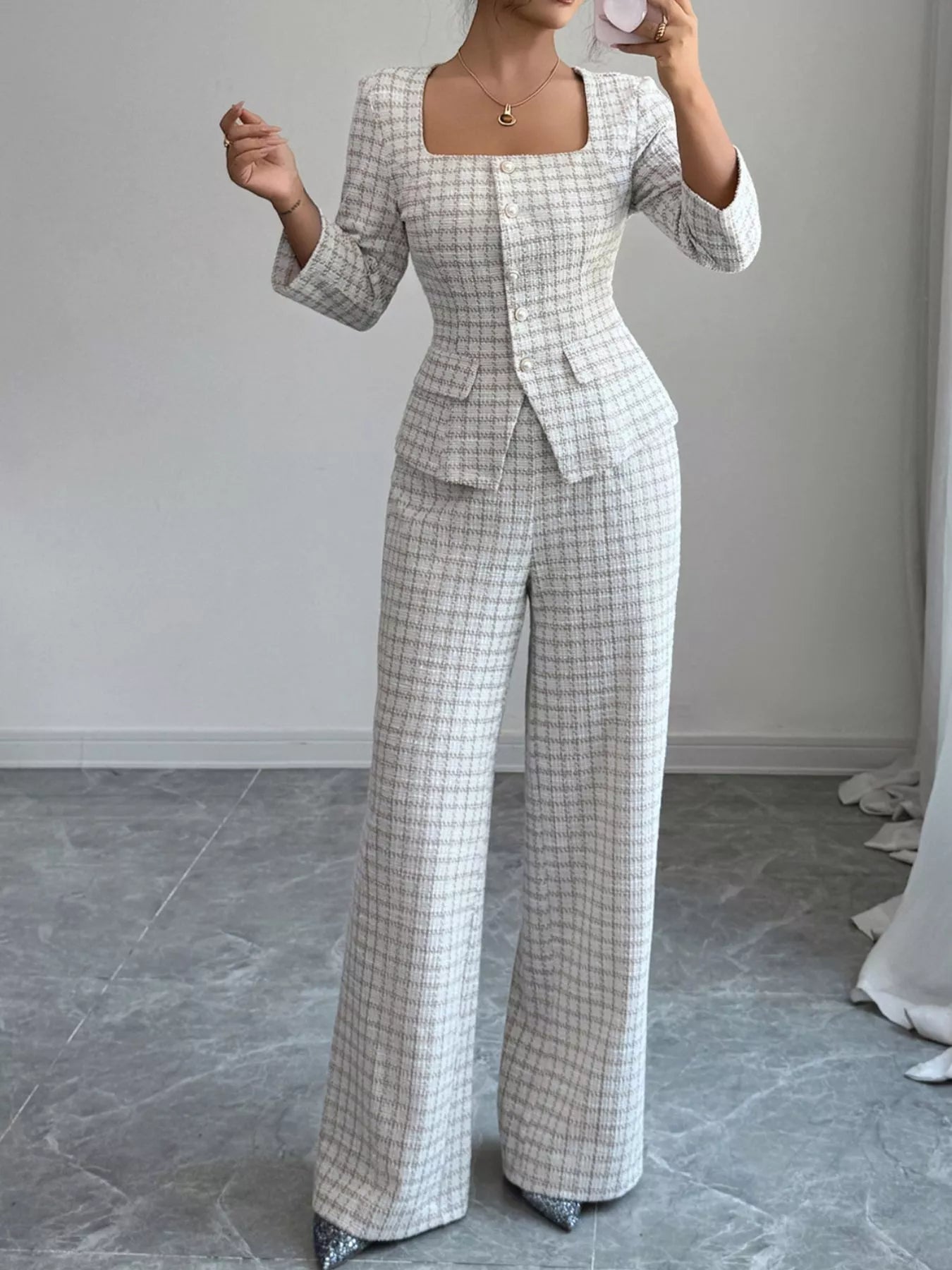 Plaid Square Neck Button-Up Top with Matching Pants Set