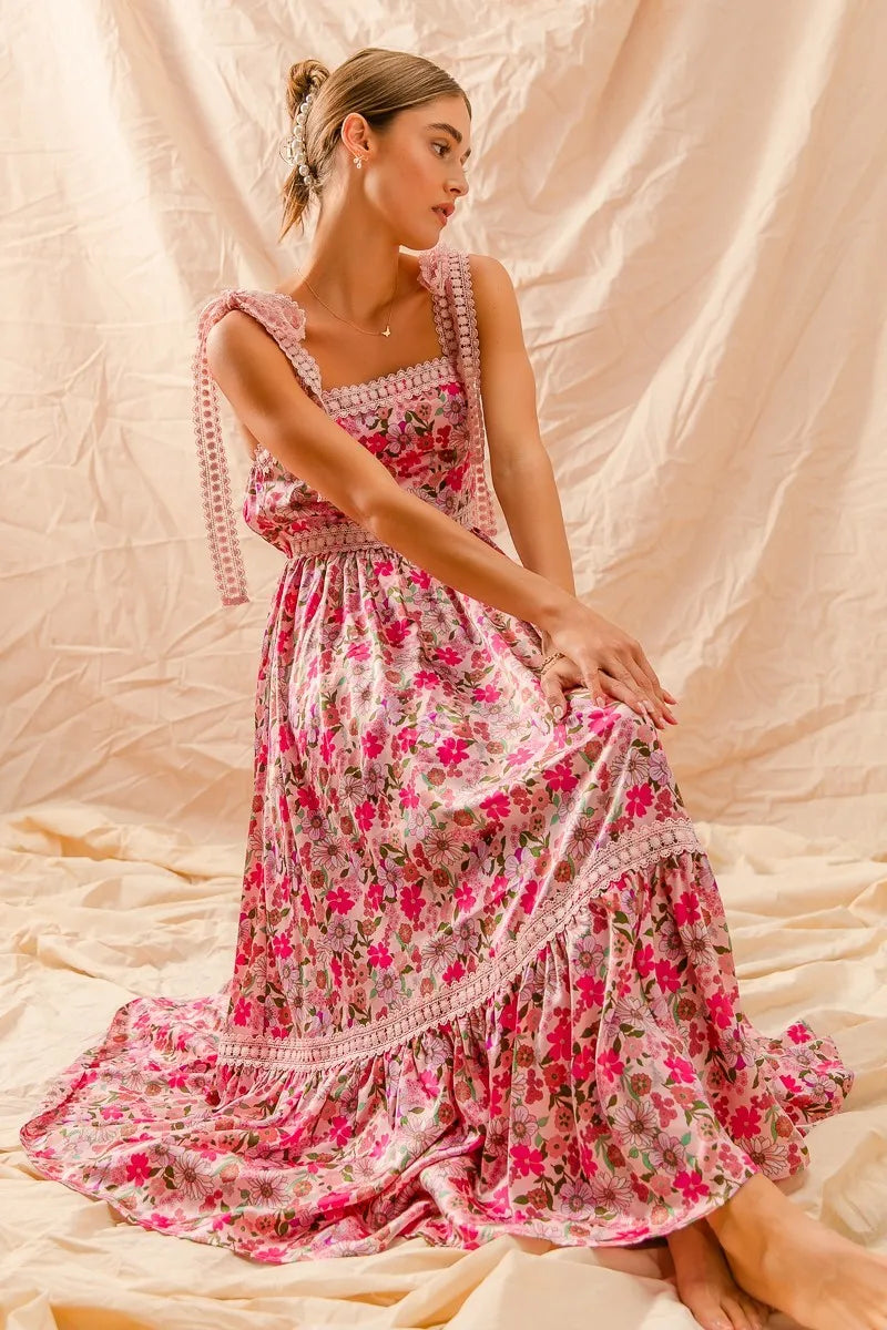 SO ME Floral Maxi Dress with Ribbon Tie Lace Strap – Boho Summer Tiered Dress