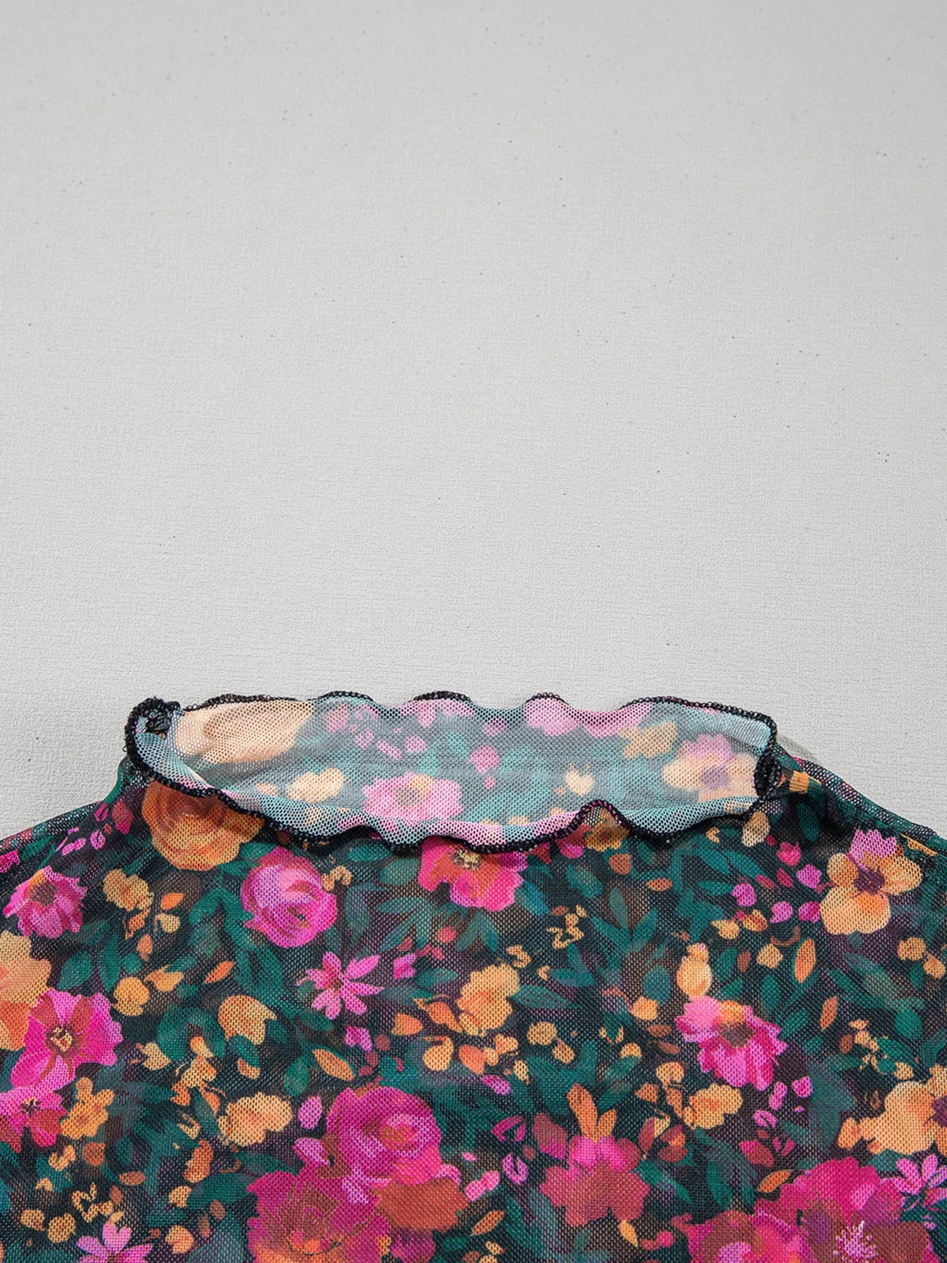 BloomMist Floral Mesh Mock Neck Short Sleeve Top