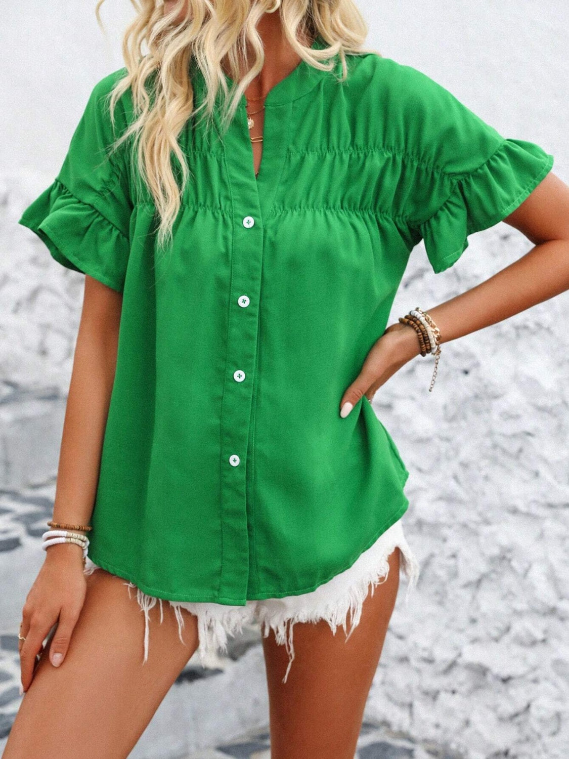 Button Down Ruffled Short Sleeve Shirt - Chic & Elegant Green