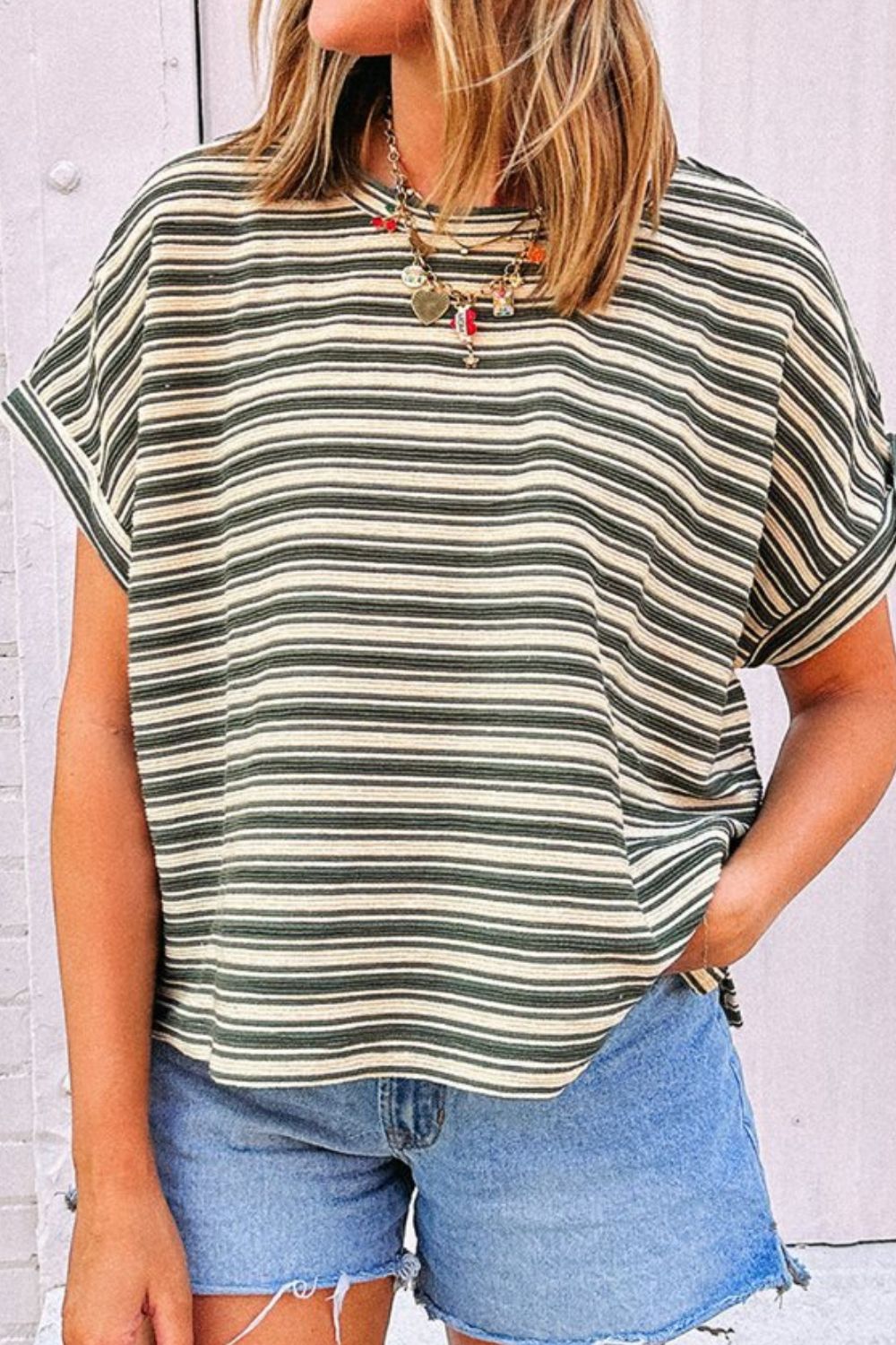 Stripe Textured Crew Neck T-Shirt with Side Slits - Relaxed Fit Moss