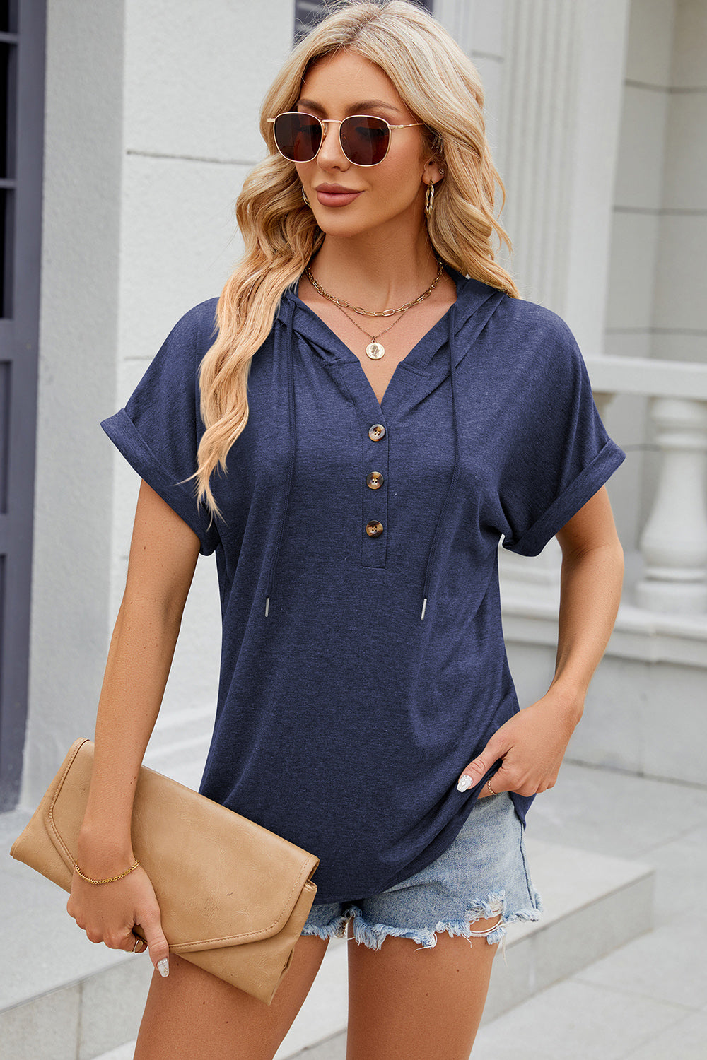 Florira Hooded Short Sleeve T-Shirt Dark Blue