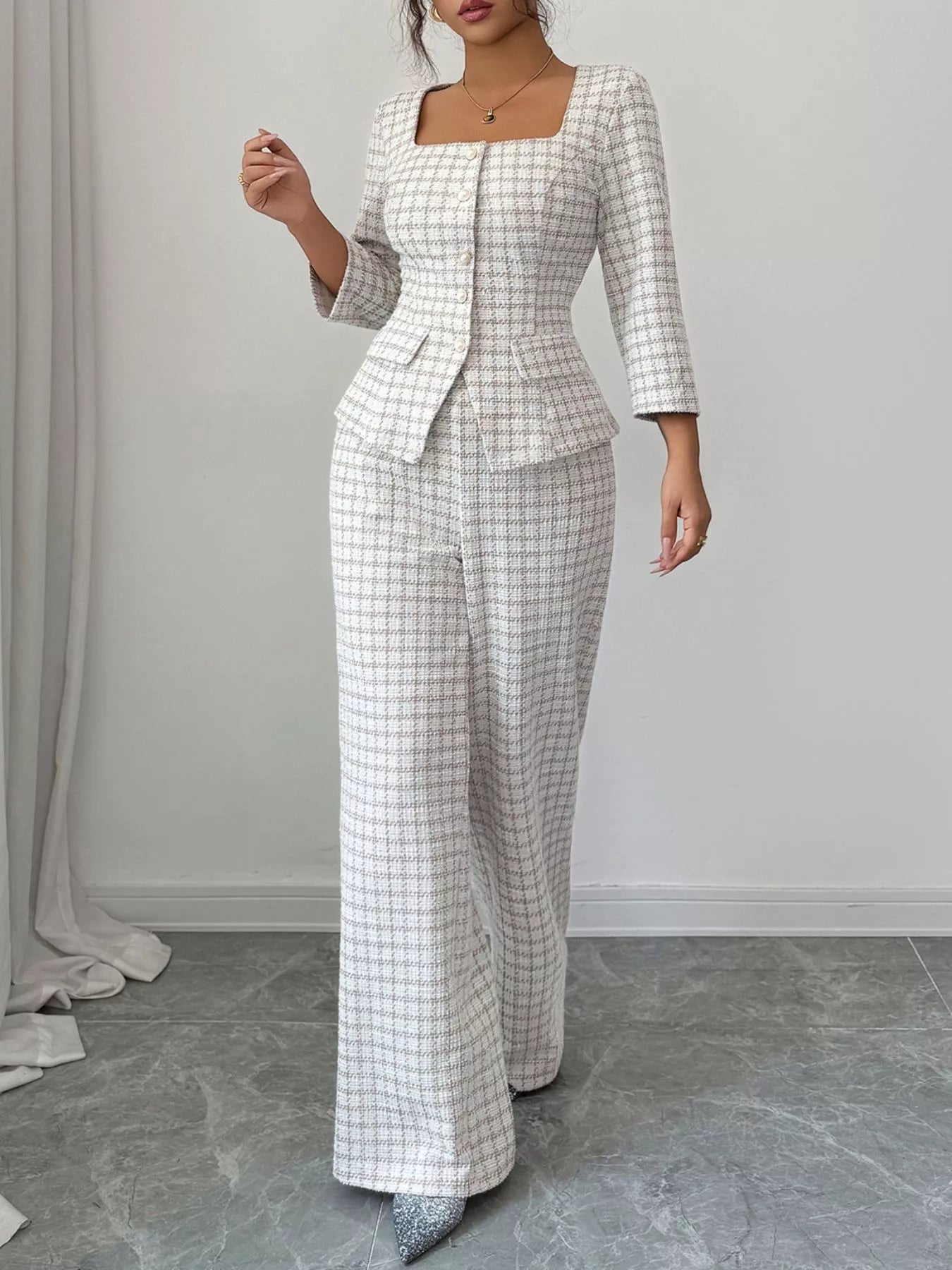 Plaid Square Neck Button-Up Top with Matching Pants Set