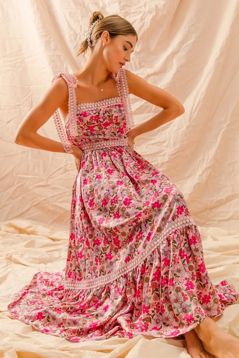 SO ME Floral Maxi Dress with Ribbon Tie Lace Strap – Boho Summer Tiered Dress