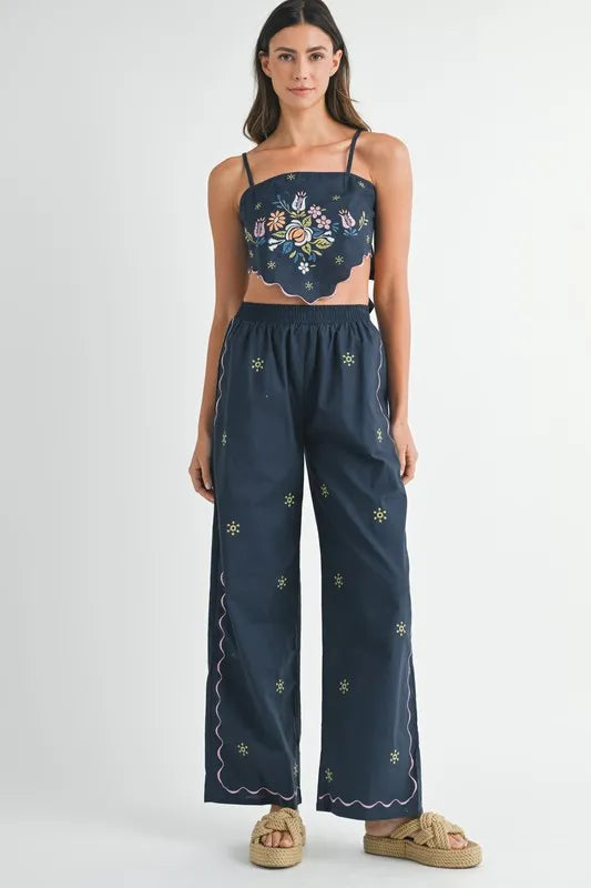 MABLE Elegant Linen Embroidered Scarf Top & Pants Set Navy