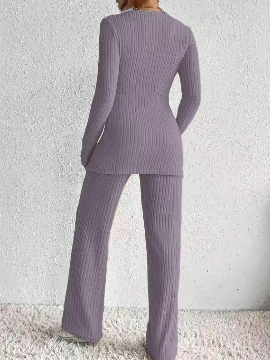 Surplice Long Sleeve Top & Pants Set - Chic Two-Piece Outfit