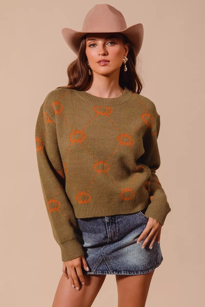 SO ME Pumpkin Rhombus Oversized Festive Sweater for Halloween & Thanksgiving OLIVE RUST