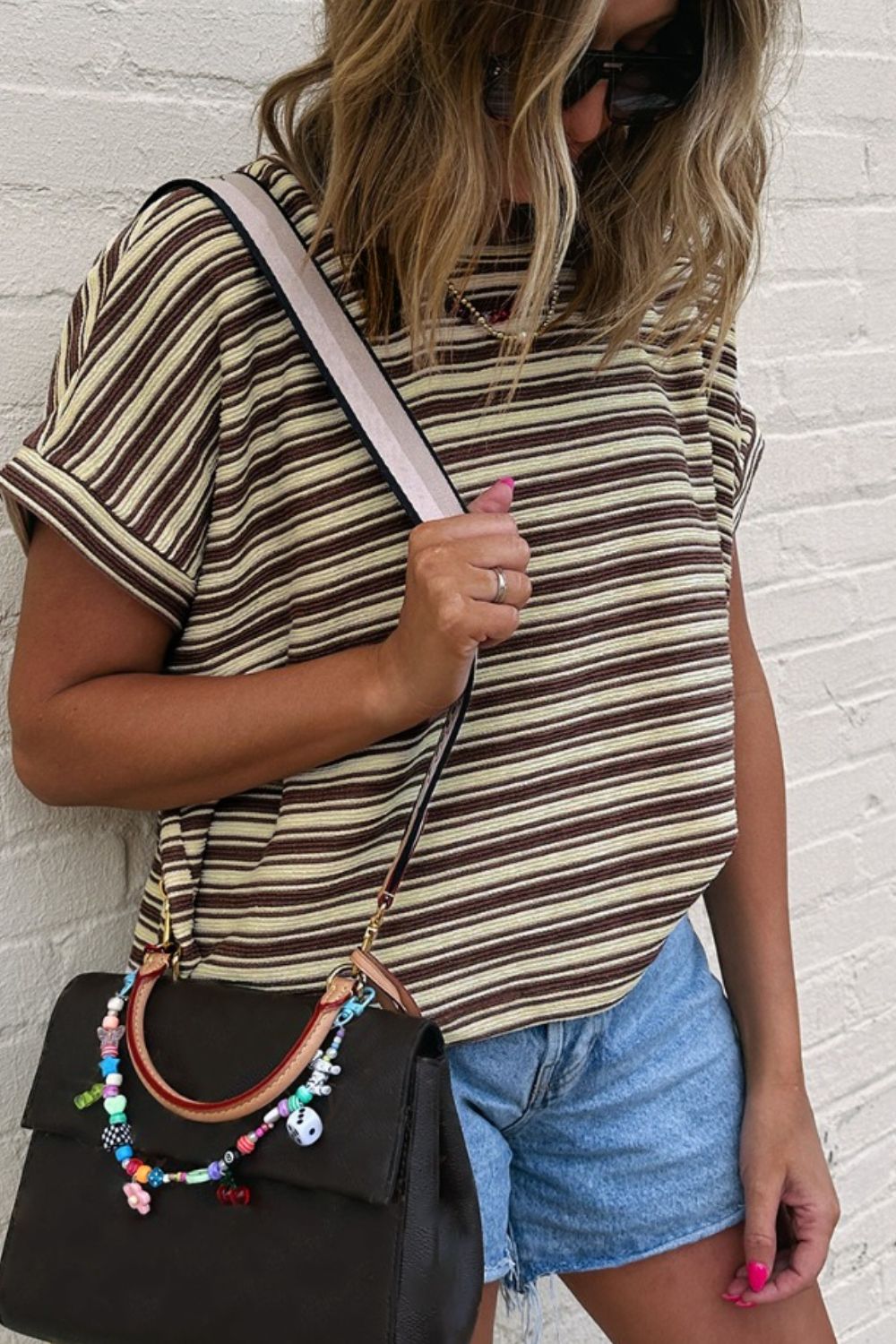 Stripe Textured Crew Neck T-Shirt with Side Slits - Relaxed Fit