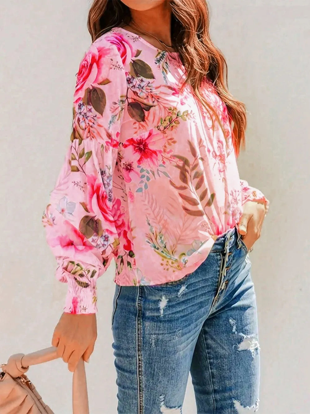Elegra Smocked Round Neck Lantern Sleeve Printed Blouse