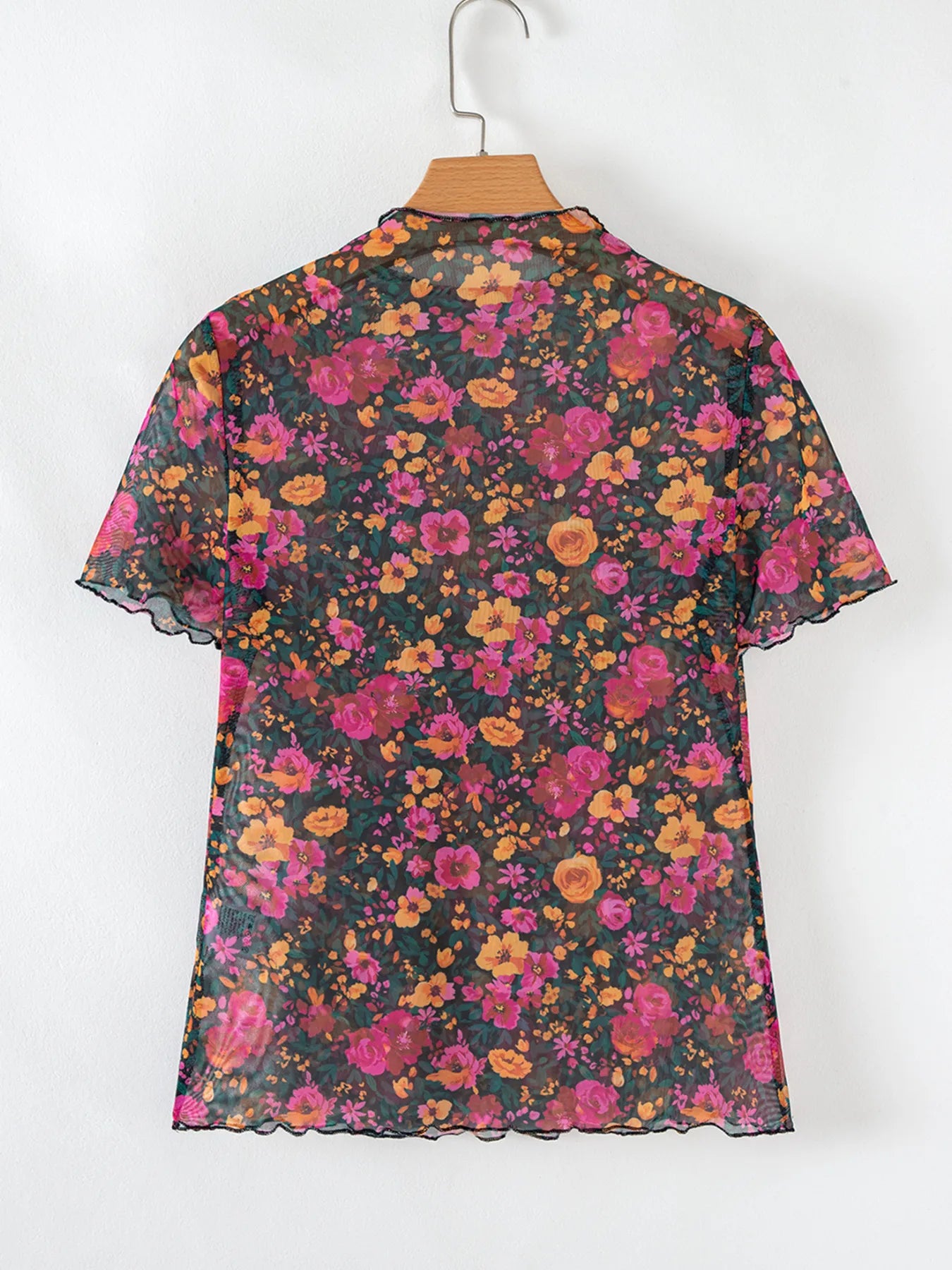 BloomMist Floral Mesh Mock Neck Short Sleeve Top