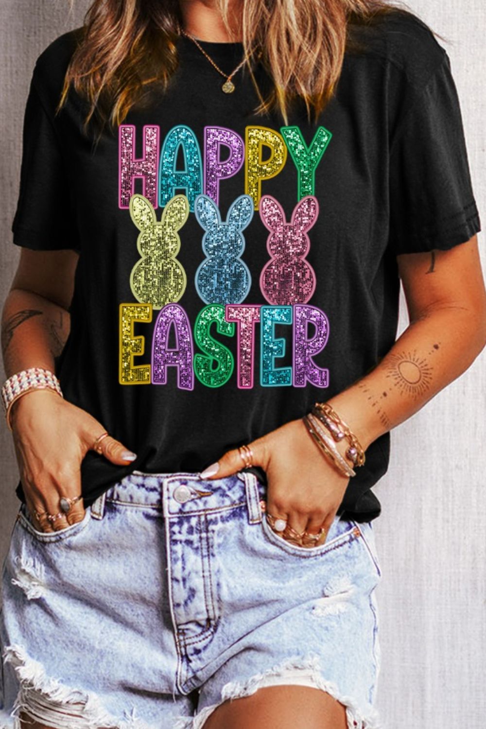 HAPPY EASTER Sequin Bunny T-Shirt - Festive & Sparkly Tee Black