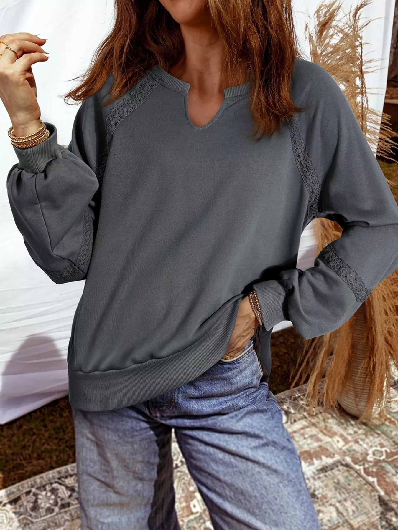 Mineral-Wash Sweatshirt with Lace Patchwork & Notched Neck