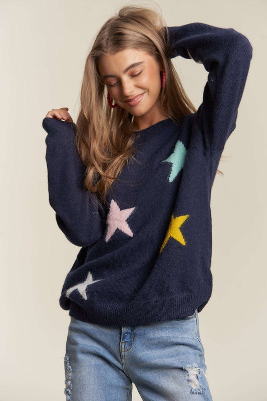 ADORA Star Print Round Neck Drop Shoulder Sweater