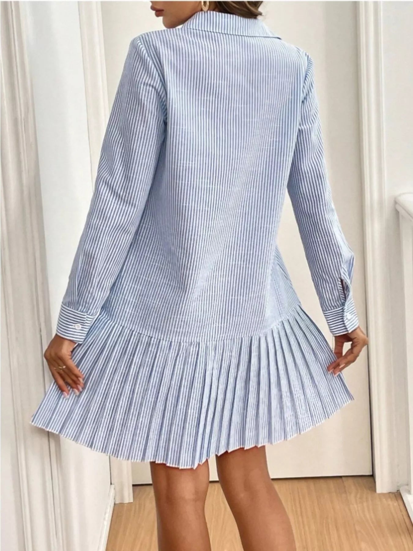 Classic Striped Pleated Hem Button-Up Shirt Dress