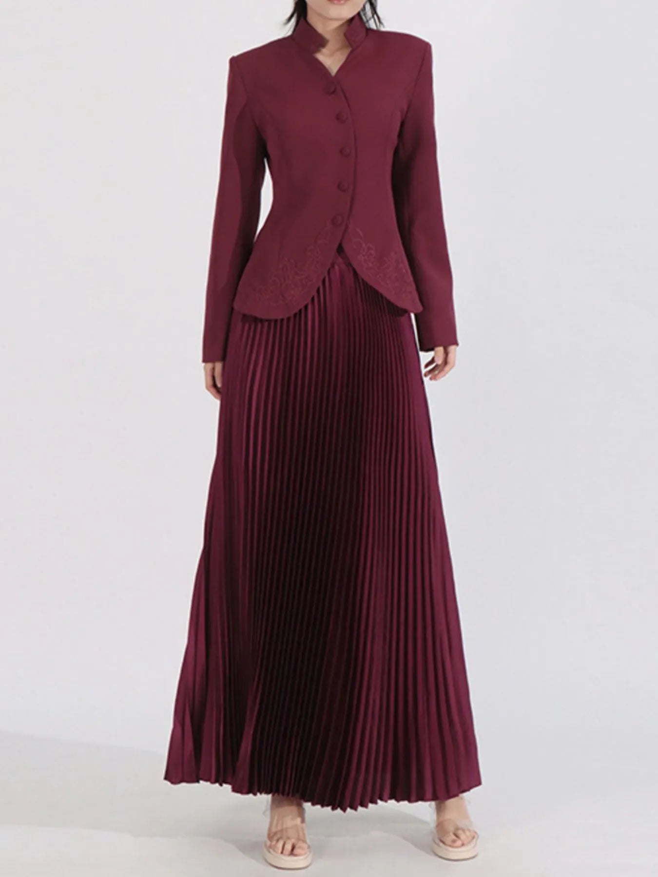 Elegant Button Up Long Sleeve Blouse & Pleated Skirt Two-Piece Set Barn Red