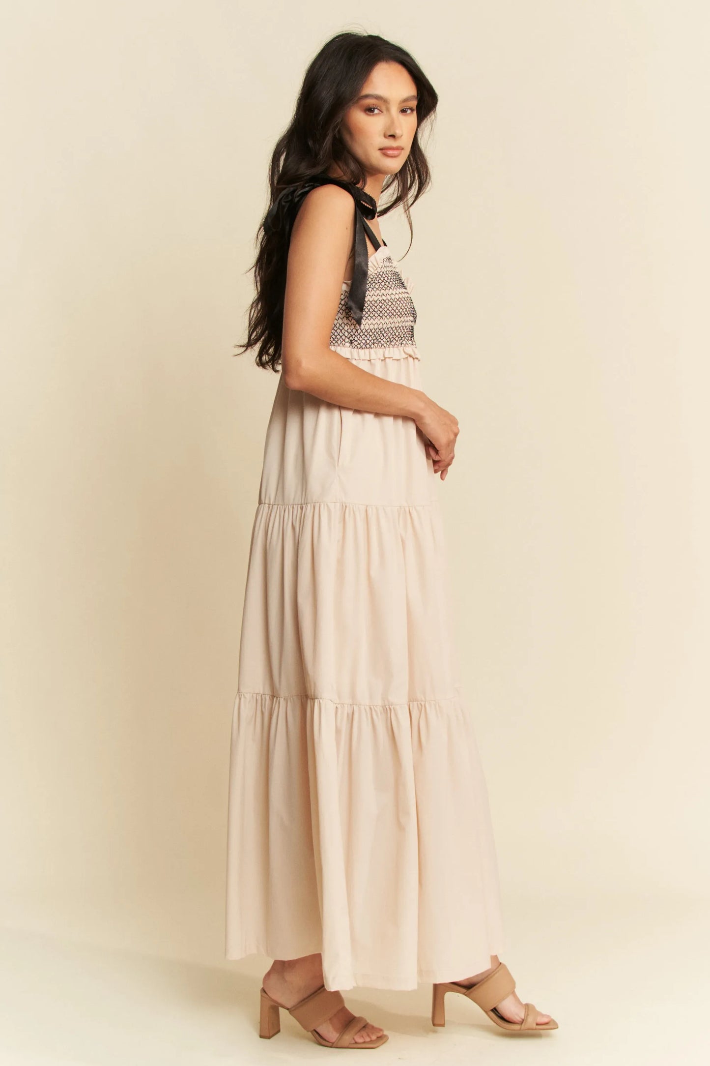 Davi & Dani Multi-Contrast Maxi Dress with Smocked Bodice