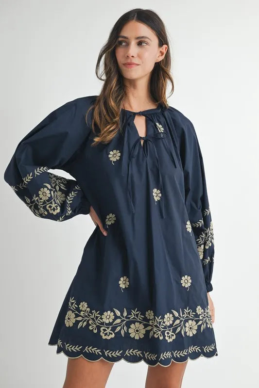 MABLE Embroidered Long Sleeve Peasant Mini Dress Navy