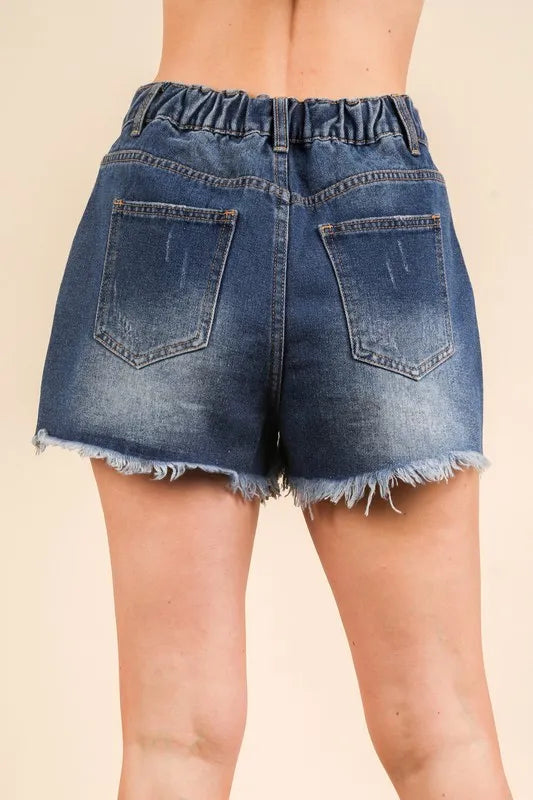 VERY J Raw Hem Contrast-Washed Denim Shorts - Vintage & Edgy