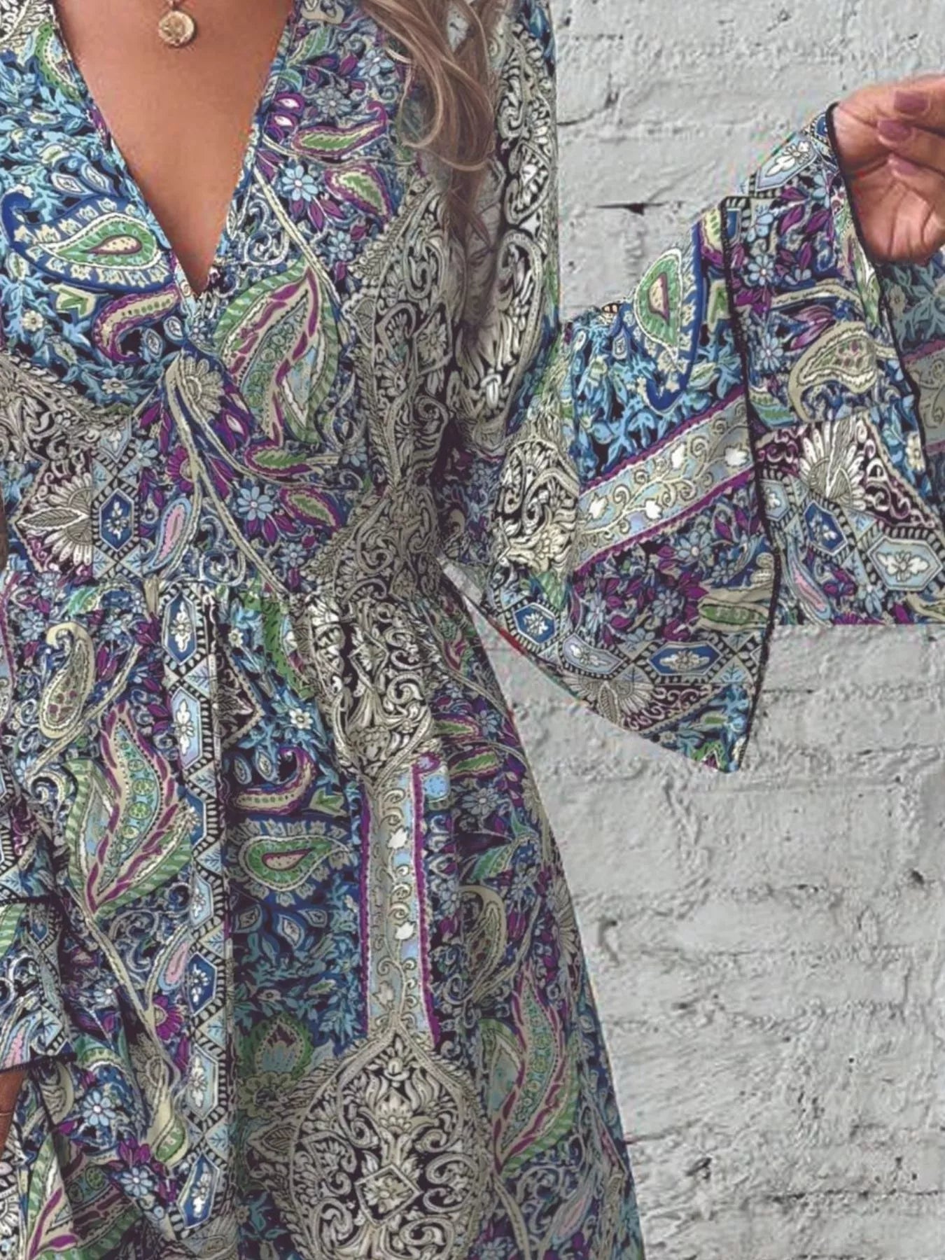 Paisley Print V-Neck Ruffled Flounce Sleeve Dress