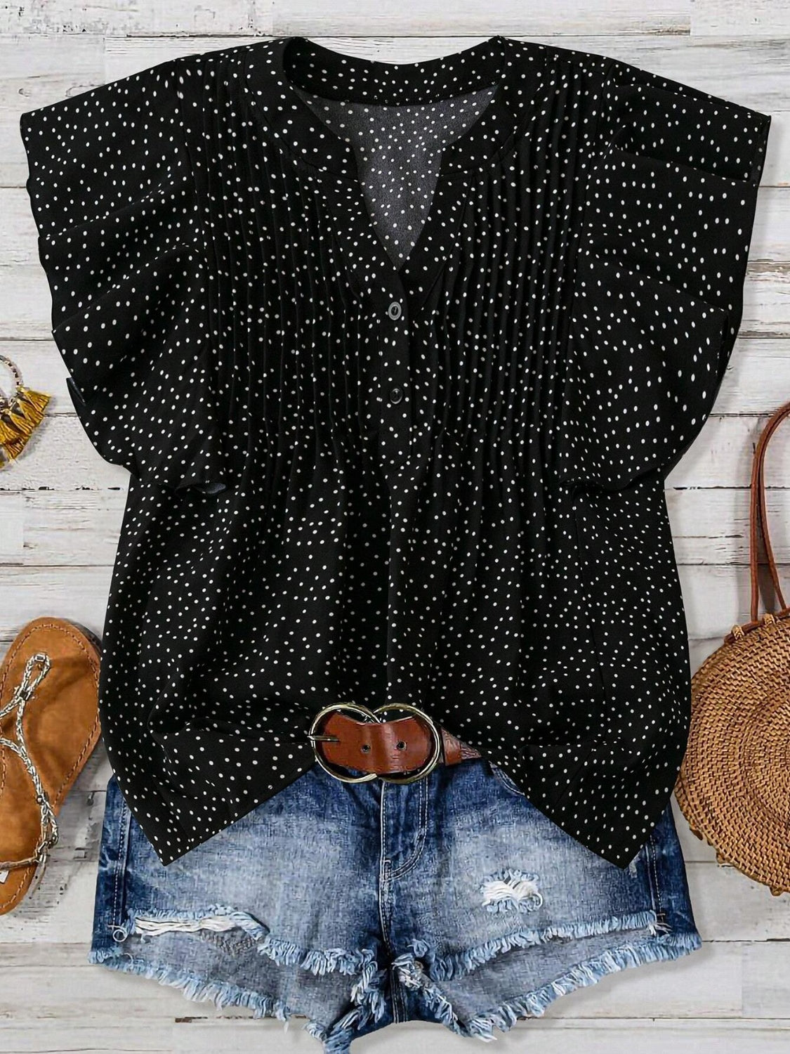 Polka Dot Ruffled Cap Sleeve Blouse - Chic & Feminine Black
