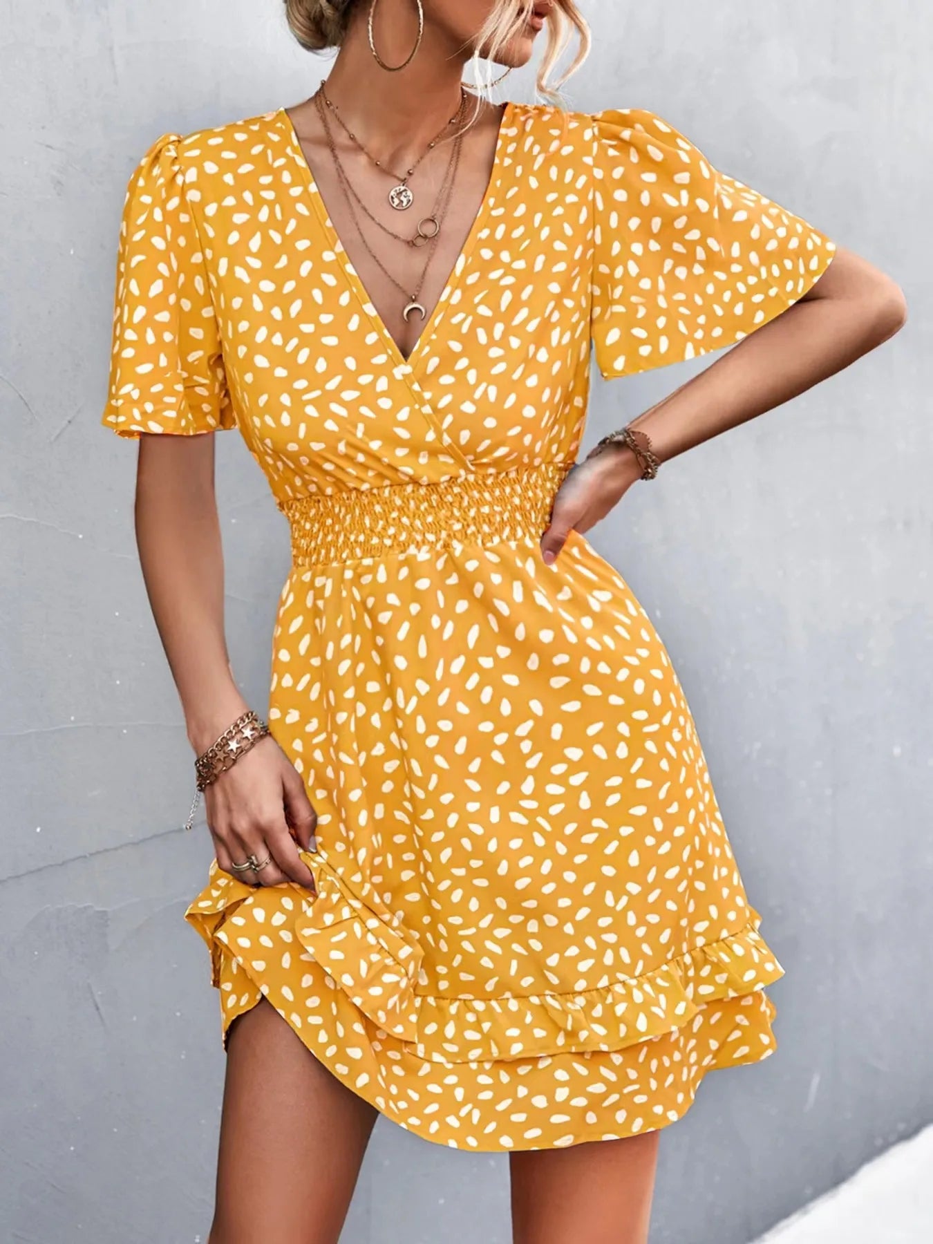 V-Neck Flutter Sleeve Mini Dress Orange