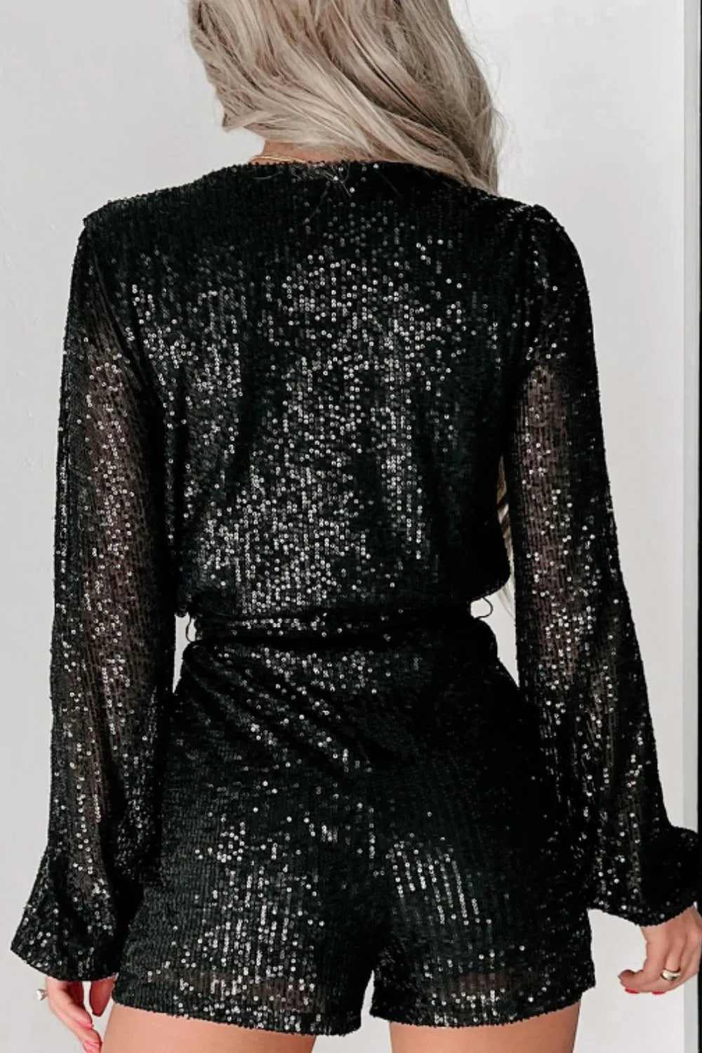 Sequin Surplice Long Sleeve Romper – Sparkling Night-Out Look