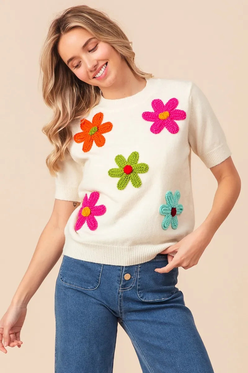 BiBi Crochet Daisy Patch Knit Sweater Top