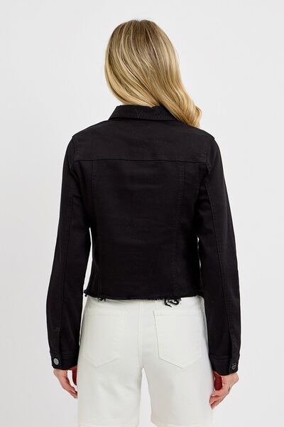 RISEN Full-Size Irregular Fray Hem Button-Up Denim Jacket