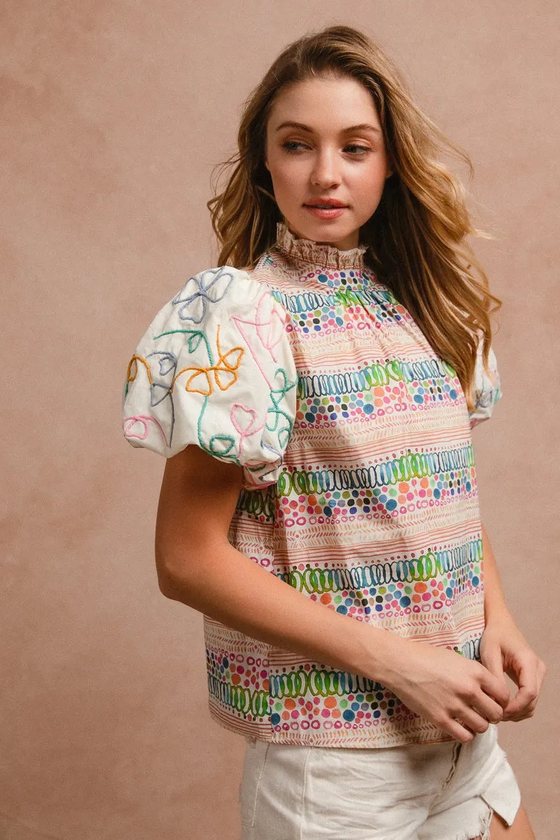 BiBi Ruffle Neckline Blouse With Embroidery Bubble Sleeve