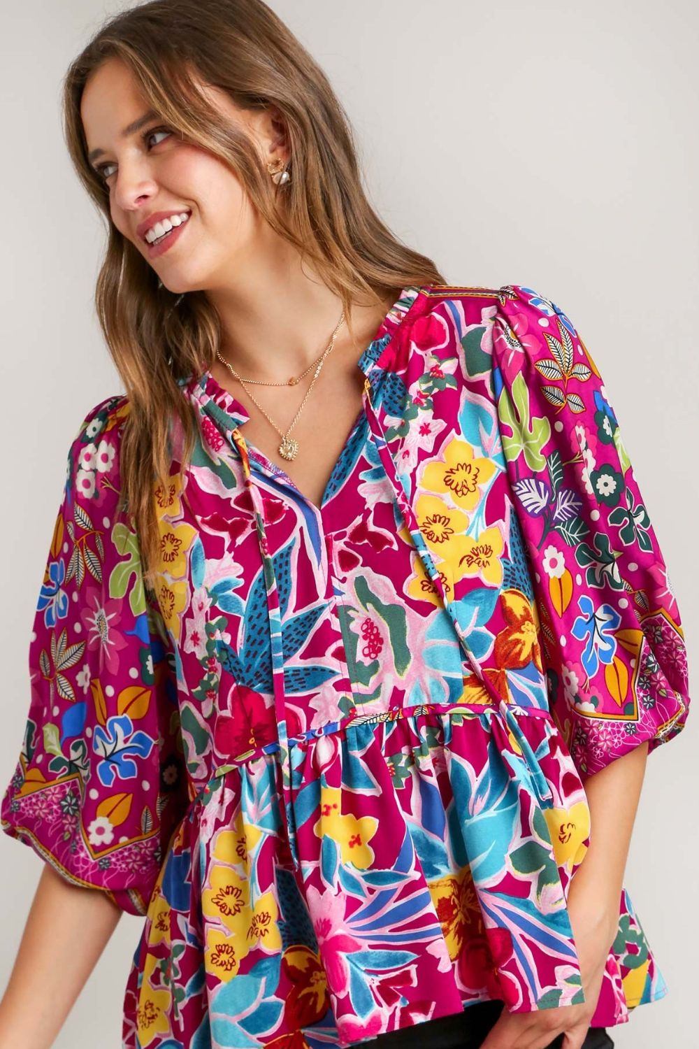Floral Print Tie Neck Peplum Blouse - Elegant & Feminine Floral