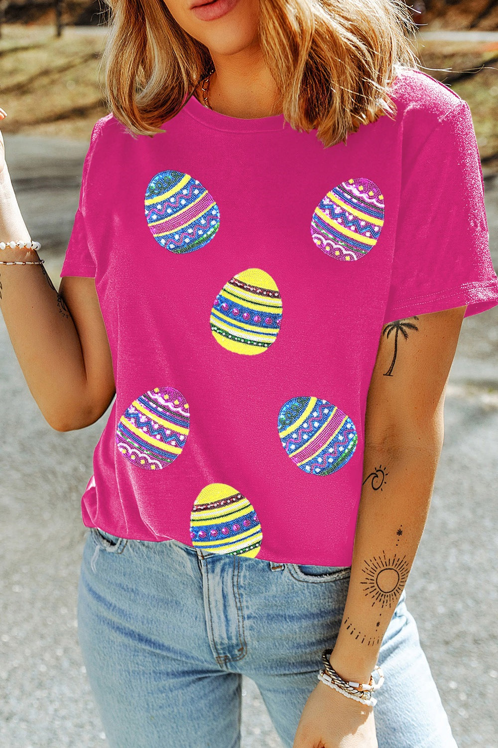 Sequin Easter Egg Short Sleeve T-Shirt - Festive & Stylish Hot Pink
