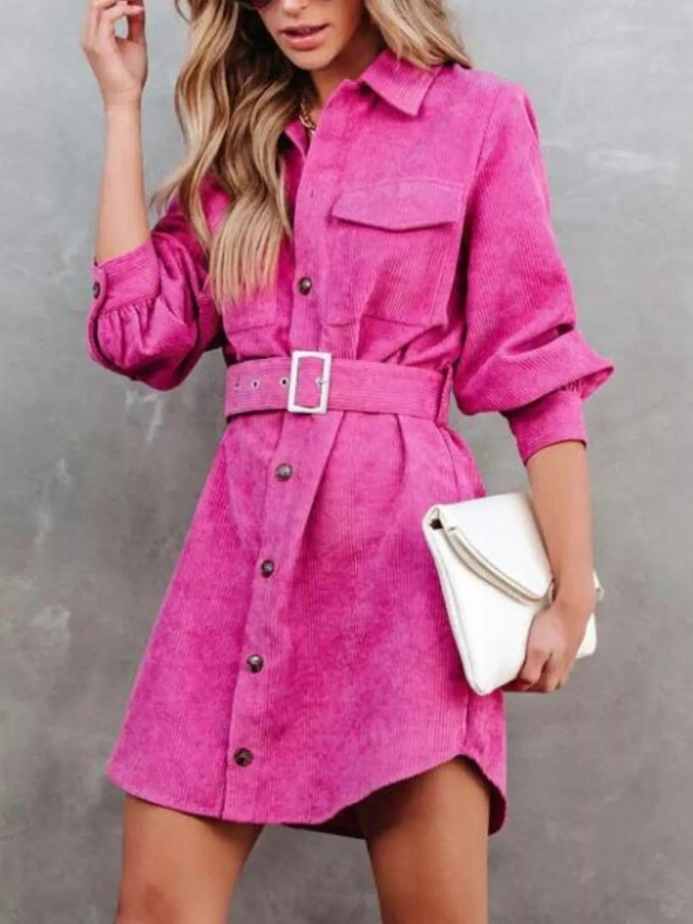 Button Front Belted Corduroy Dress with Pockets
