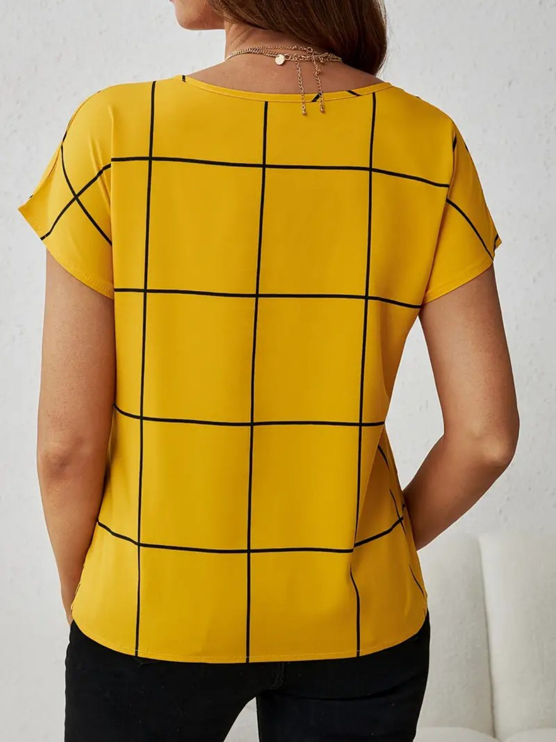 Plaid Contrast Notched Blouse - Stylish & Chic