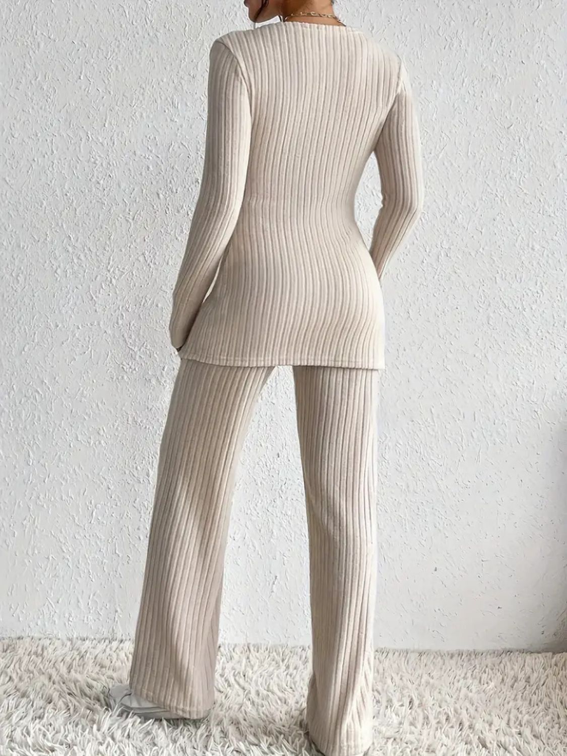 Surplice Long Sleeve Top & Pants Set - Chic Two-Piece Outfit