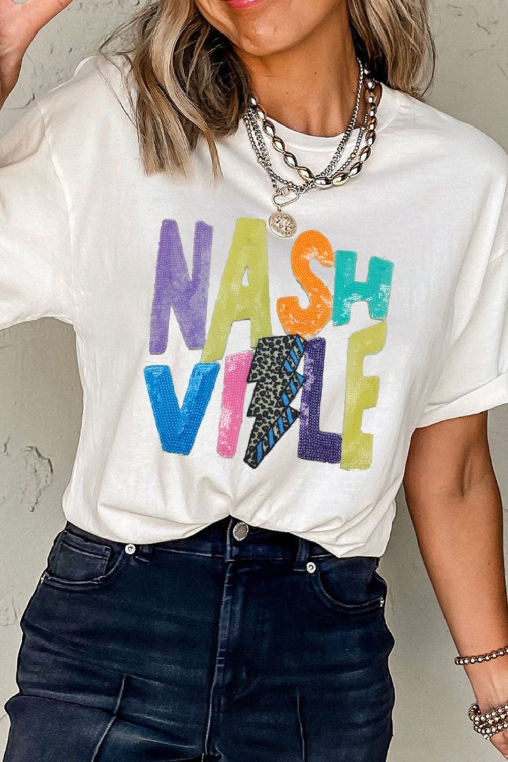 Lightning NASHVILLE Sequin Round Neck T-Shirt