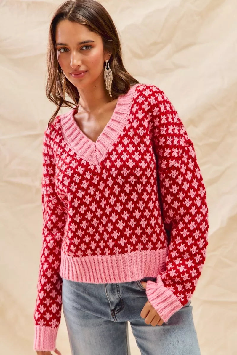 SO ME Color Block Textured V-Neck Christmas Sweater Top