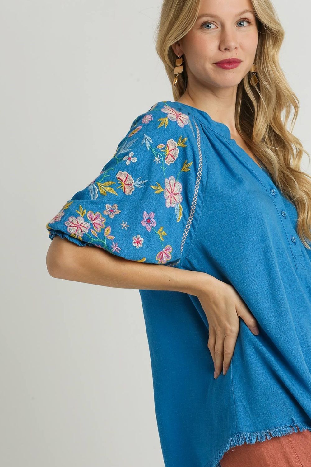 Boho Embroidered Sleeve Linen Top – Chic & Breezy