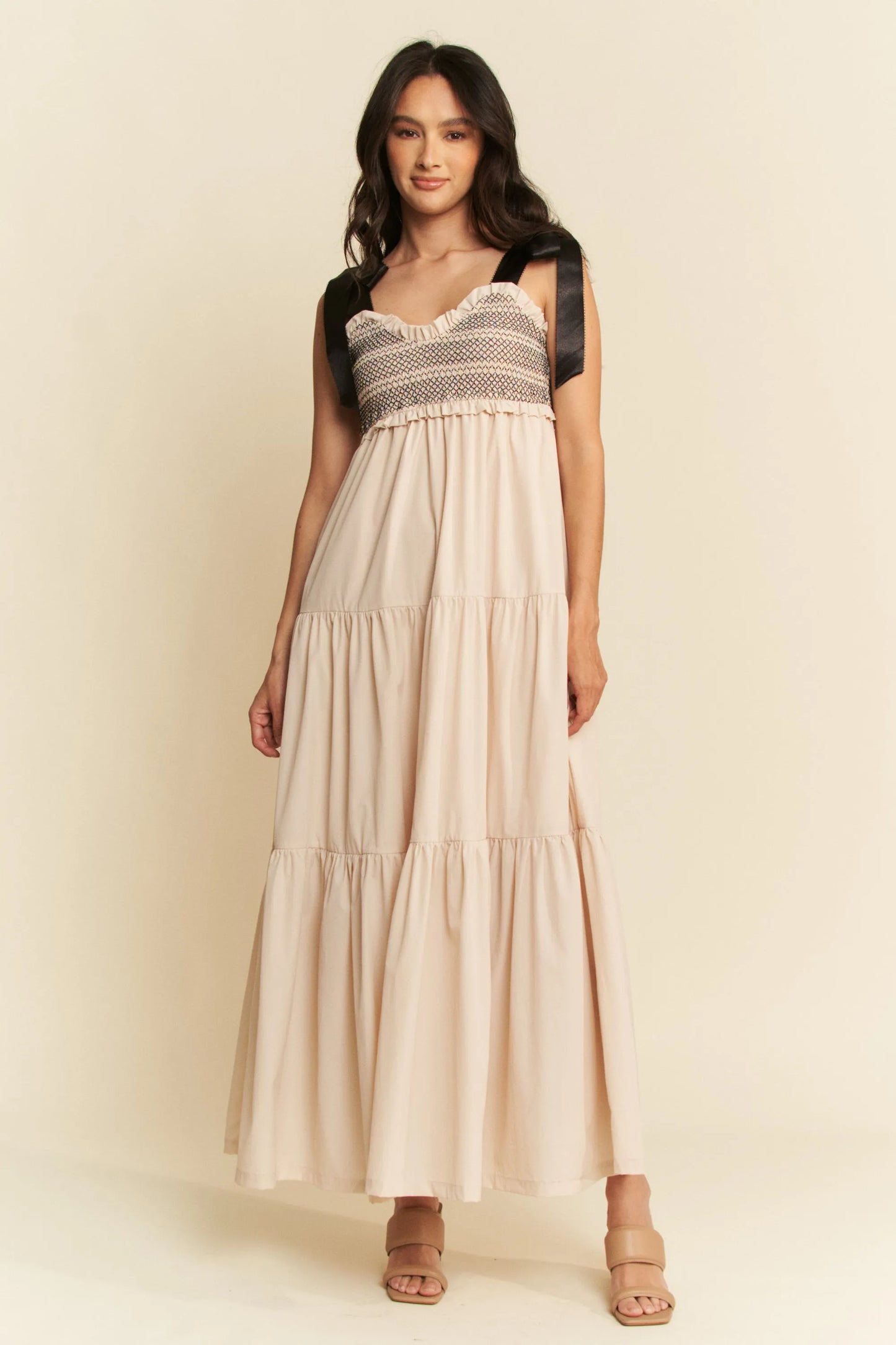 Davi & Dani Multi-Contrast Maxi Dress with Smocked Bodice Beige