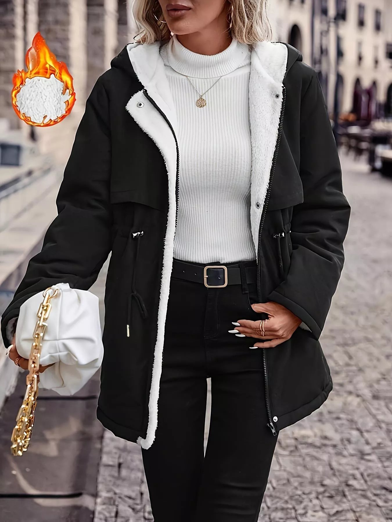 Cozy Drawstring Long Sleeve Hooded Jacket with Zipper & Pockets Black
