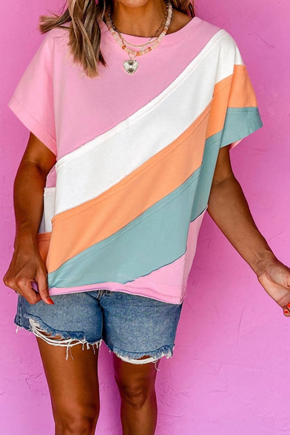 Color Block Round Neck Short Sleeve T-Shirt - Trendy & Comfy