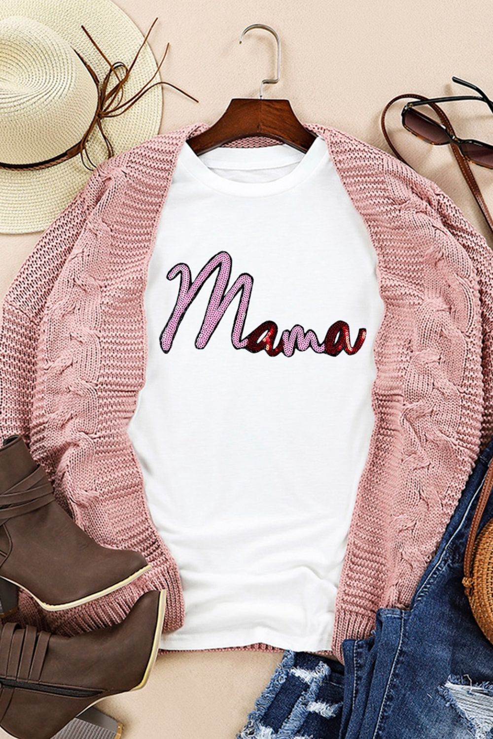 MAMA Sequin Round Neck T-Shirt - Sparkly & Stylish Casual Tee