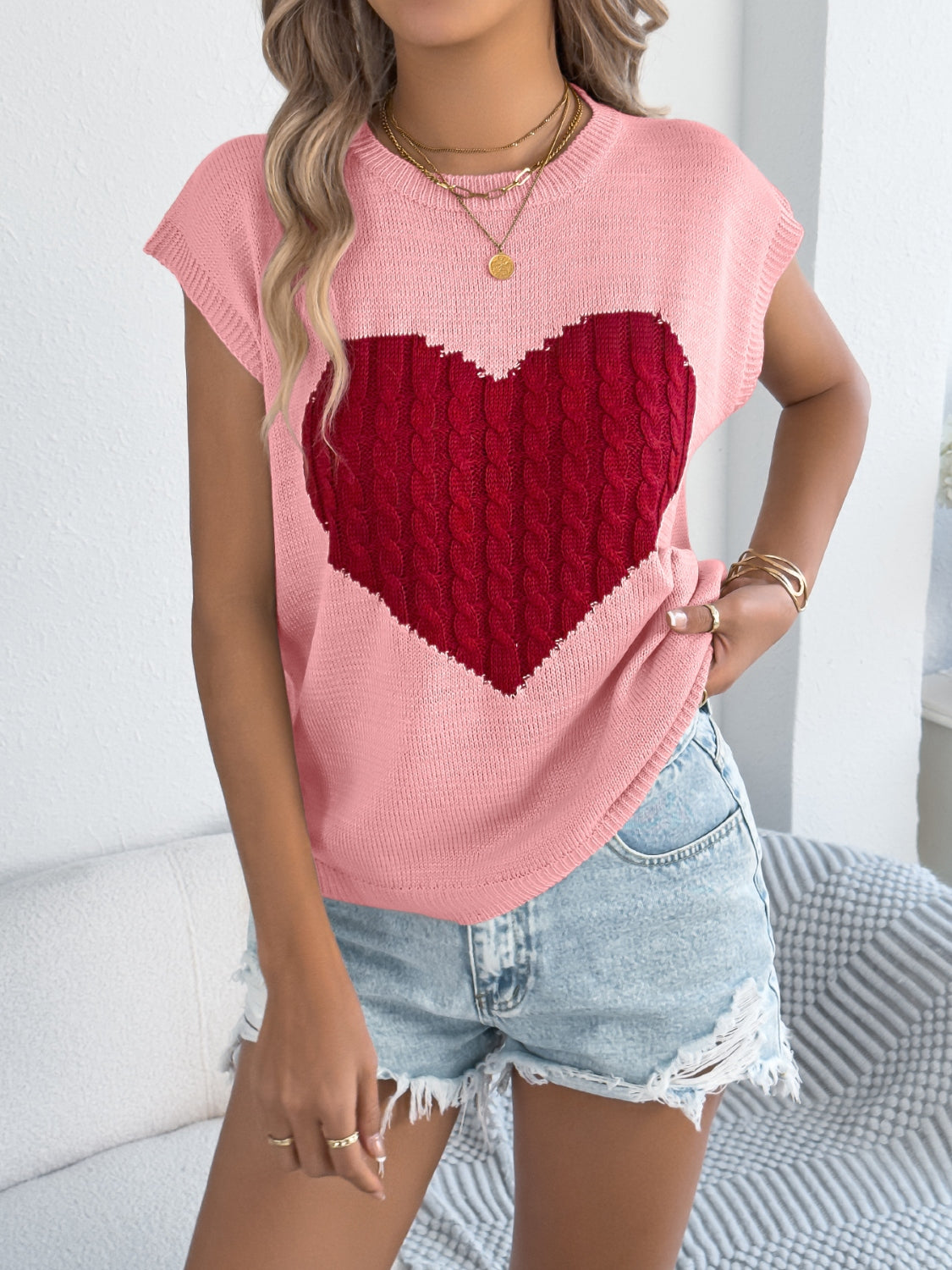 Cable Knit Heart Cap Sleeve Top - Soft & Stylish