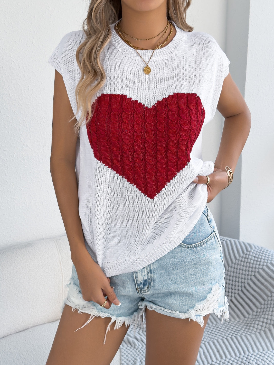 Cable Knit Heart Cap Sleeve Top - Soft & Stylish White